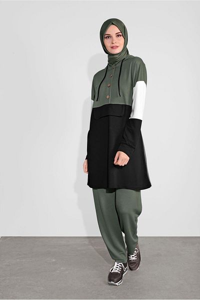 TRENDTESETTÜR Γυναικείο Σετ Φόρμας Χακί (KHAKI-MΑΥΡΟ) με κουμπιά 3236