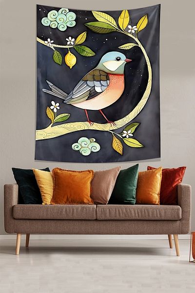 on the clouds Lemon Flowers and Bird on a Branch Stain Resistant Fabric Wall Cover Wall Carpet Tapestry