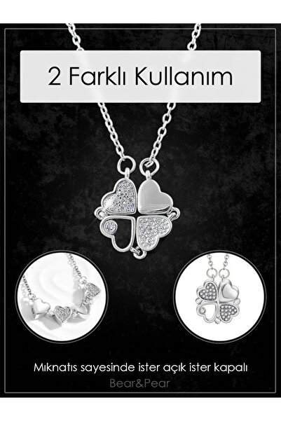 BearPear 2'si 1 Arada Mıknatıslı Yonca Kalp Kadın Kolye Silver