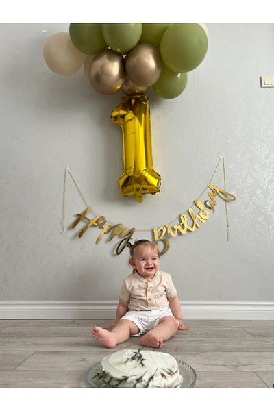 SURPRISE PARTY STORE Gold Color Bright Metalized Happy Birthday Calligraphy Lettering 1 Year Old Balloon and 12 12 inch Balloon