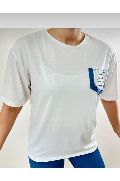 My Blog Tricou cu imprimeu text din denim rupt