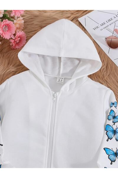 Machetta Σετ κοριτσίστικο μπουφάν με φερμουάρ White Butterfly Printed, Crop και αθλητική φόρμα