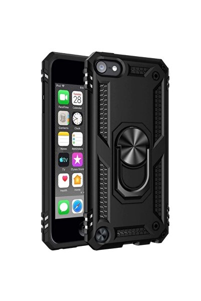 Gpack Apple iPod Touch 6. Nesil Kılıf Vega Sert Silikon Tank Standlı Yüzüklü Mıknatıslı Siyah