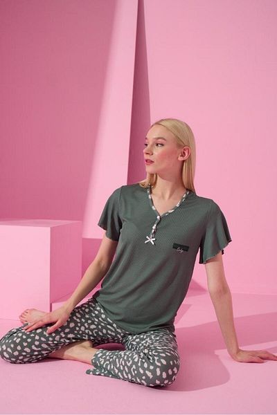 MEBA Women's Short Sleeve Camisole Khaki Green Pajama Set -3