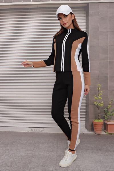 OMKA BUTİK Women's Camel Double Set Tights with Stripe Detailed Zippered Trousers