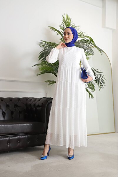 Neşeli Butik γυναικείο πομ πομ σιφόν ισλαμικό φόρεμα με ζώνη SMS022