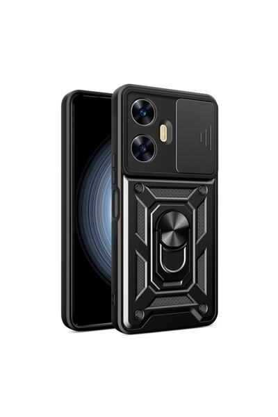 Gpack Realme C55 Kılıf Sert Silikon Tank Aramid Sürgülü Vega Yüzüklü Siyah