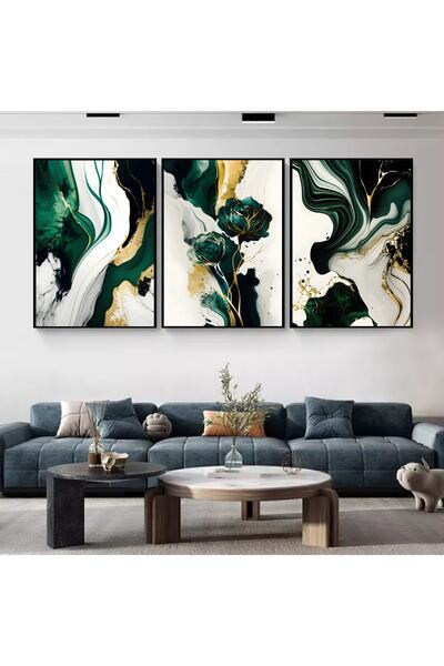 Markazip Zümrüt Gold Çiçekler Siyah Metal Çerçeveli 50x70cm Üçlü Soyut Kanvas...