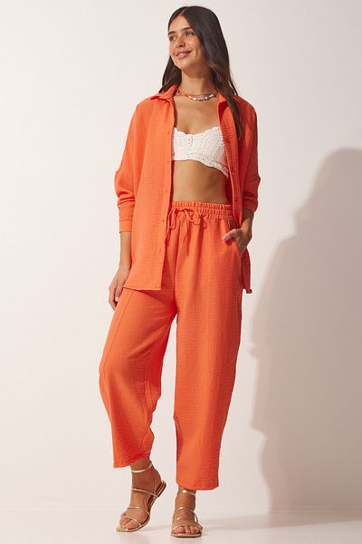 Happiness İstanbul Orangefarbenes Damen-Set aus Leinenhemd und Baggy-Hose DZ00080