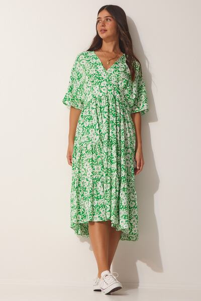 Happiness İstanbul Women's Light Green Patterned V-Neck Summer Dress FK00004