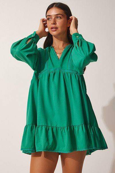 Happiness İstanbul Women's Dark Green Guipure Detailed Tunic Dress FN03076