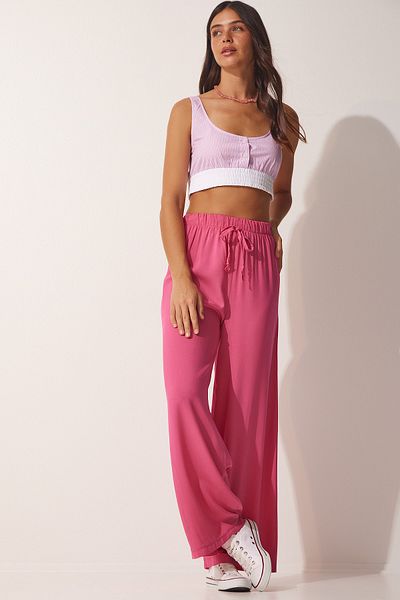 Happiness İstanbul Women's Pink Cotton Viscose Palazzo Trousers BV00076