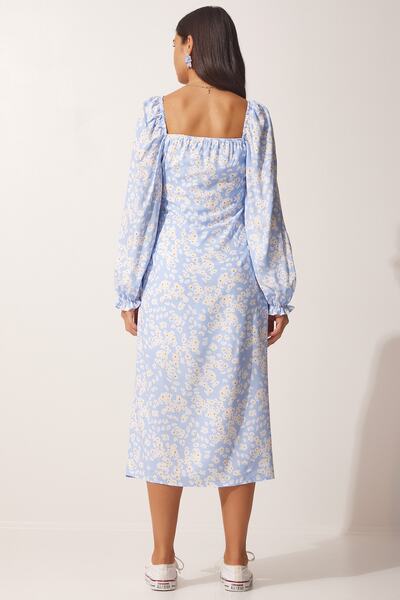 Happiness İstanbul Γυναικείο φόρεμα με υφή βισκόζης με γαλάζιο σχέδιο FN03073