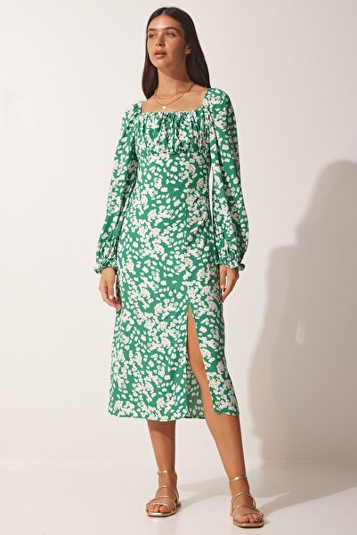Happiness İstanbul Γυναικείο φόρεμα με πράσινο σχέδιο από βισκόζη FN03073