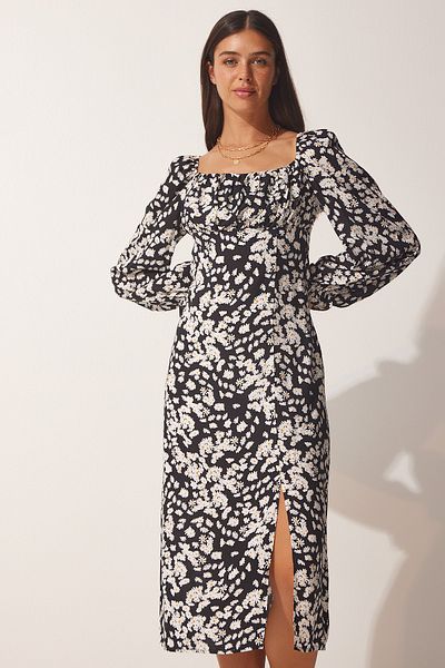 Happiness İstanbul Women's Black Patterned Viscose Woven Dress FN03073