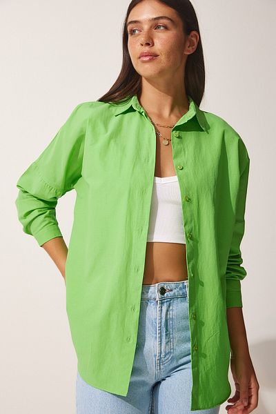 Happiness İstanbul Women's Medium Green Oversize Long Basic Shirt DD00842