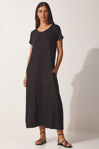 Happiness İstanbul Rochie neagră de damă din bumbac pieptănat tricotat zilnic cu buzunar UB00128