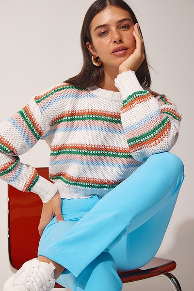 Happiness İstanbul Women's Cream Striped Knitwear Sweater MC00209