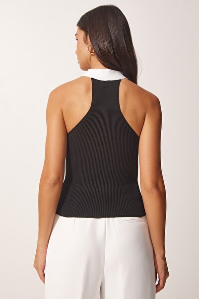 Happiness İstanbul Schwarz-weiße Neckholder-Strickbluse im 2er-Pack für Damen US00915