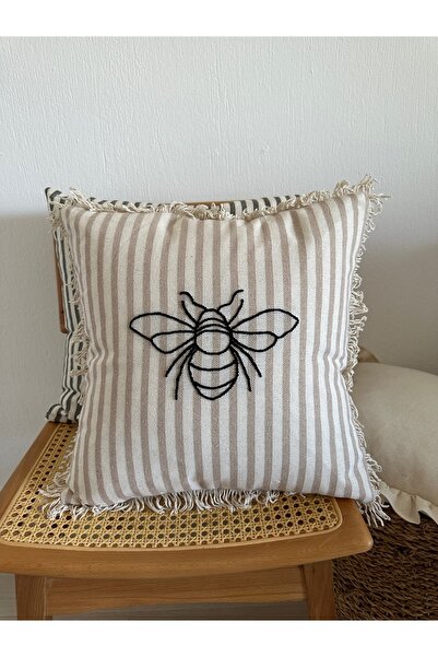 Galia Tasarım غطاء وسادة من الكتان المغسول باللون البيج مع شكل نحلة