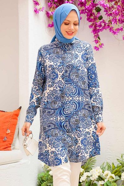 Neva Style - Tunica din vascoza Hijab albastru Indigo cu model 11524ım