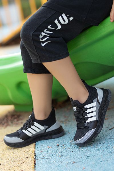 BOUIS Children's Unisex Highlighting Casual Black Smoked Lace-up Comfortable Breathable Knitwear Flexible Light Stylish Sneaker