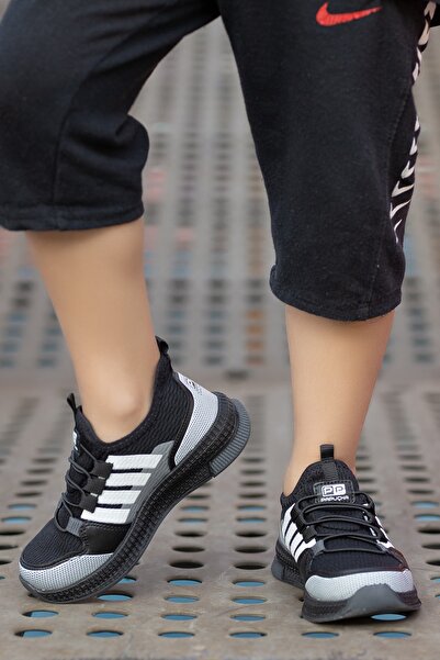 BOUIS Çocuk Unisex Fosforlu Günlük Siyah Füme Bağcıklı Rahat Nefes Alabilen Triko Esnek Hafif Şık Sneaker