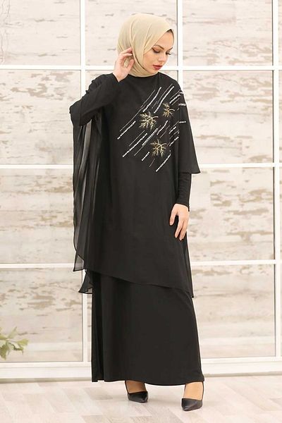 Neva Style - Rochie neagră hijab cu pelerină 3469s
