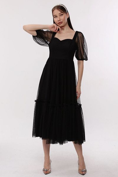 Asees Sweetheart Collar Dotted Tulle Evening Dress