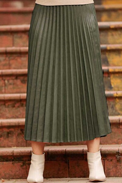 Neva Style - Pileli Haki Tesettür Suni Deri Etek 2437hk