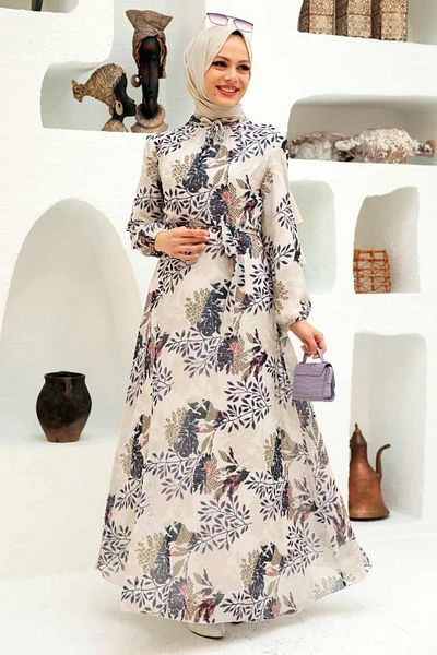 Neva Style - Rochie Hijab Bej cu Motiv Floral 279024 bej