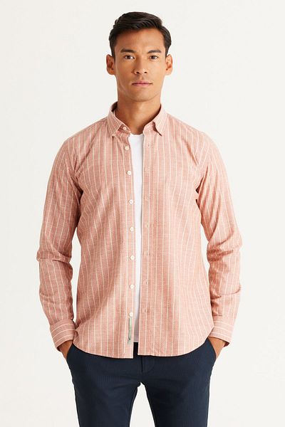 AC&Co / Altınyıldız Classics Men's Brick-White Slim Fit Slim Fit Hidden Button Collar 100% Cotton Striped Shirt