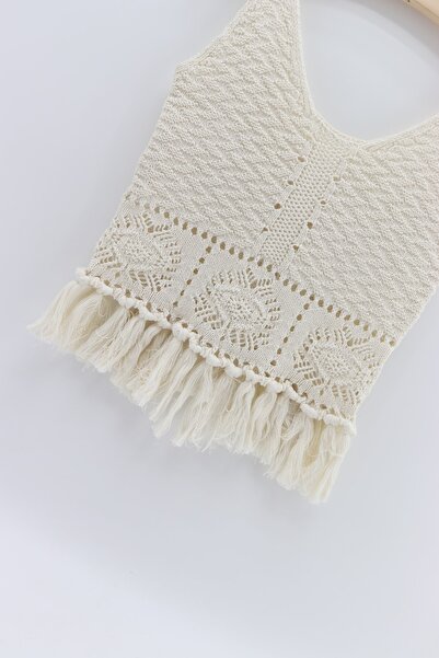 macharelbasic women's crop knitted blouse with tassel detail and straps, cream