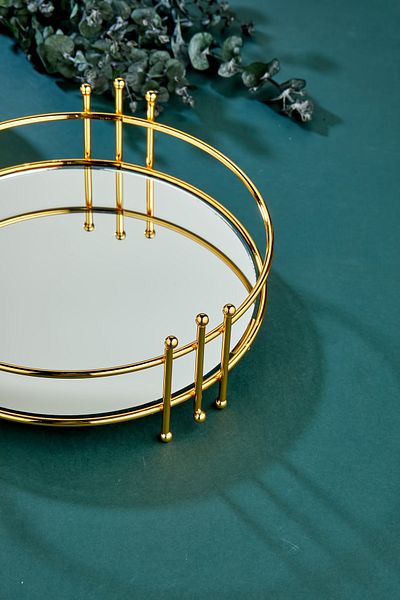 FBZhome Organizator de baie de lux cu oglindă rotundă din oțel inoxidabil umplut cu aur