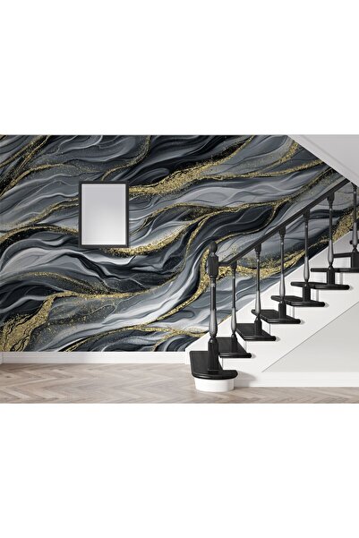 LOTUS AURA Gold Detaylı Siyah Ve Gri Mermer Desenli Lüks Duvar Kağıdı, Granit...