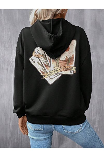 Keywest Büyük Beden Kadın Playing Card 'Miracles' Ön ve Sırt Baskılı Oversize 3 İplik Kapş Cepli Hoddie