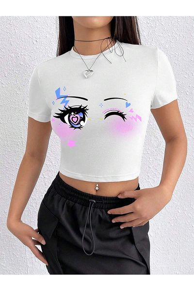 Jose Clothing ΓΥΝΑΙΚΕΙΟ ΚΟΝΤΟΜΑΝΙΚΙ ΛΕΥΚΟ ΤΥΠΩΜΕΝΟ CROP TOP BLUZ