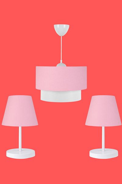 HOMİNG Artgift Pink Fabric White Body Triple Chandelier and Lampshade Set