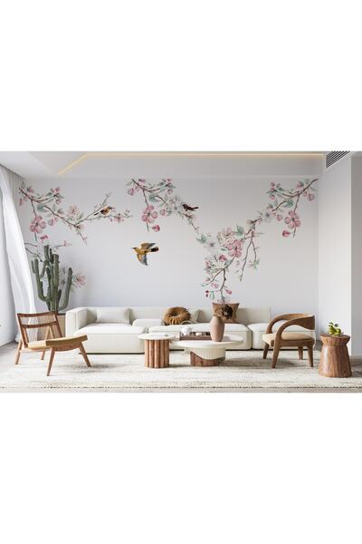 LOTUS AURA Pembe Çiçekli Duvar Kağıdı, Şeftali Çiçekleri Desenli Duvar Resmi