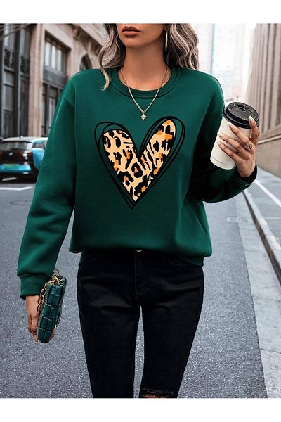 mercoledi Hanorac unisex oversize cu inimă de leopard, cu gât crew cu imprimeu
