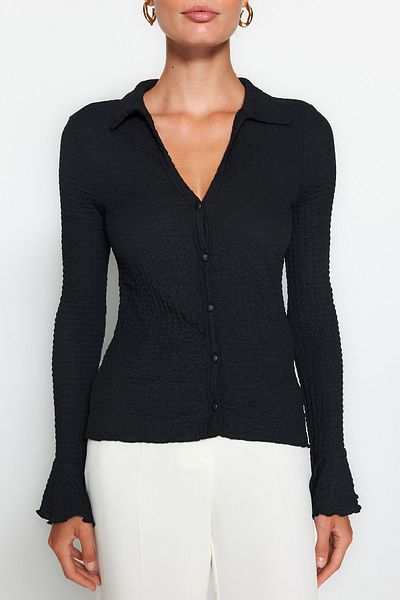 Trendyol Collection Cămașă neagră premium cu mâneci spaniole tricotate stretch TWOAW24GO00004