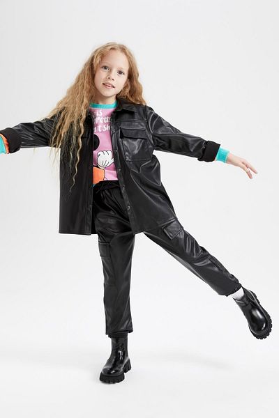 DeFacto Girl's Cargo Fit Faux Leather Trousers