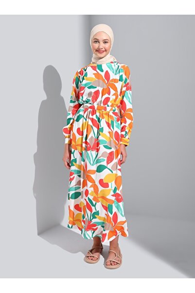 Benin Floral Patterned Viscose Hijab Dress with Lace-up Waist - White Orange -