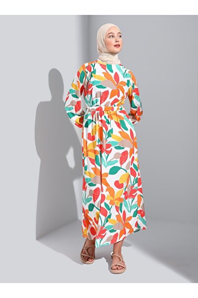 Benin Floral Patterned Viscose Hijab Dress with Lace-up Waist - White Orange -