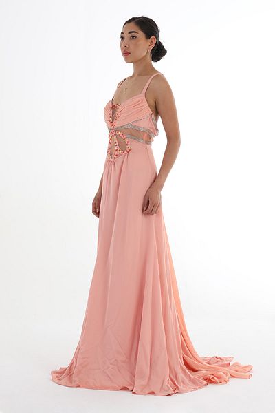 Balizza BLZ-SUSPENDED CHEST GARMED TOWEL AND STONE EMBROIDERED LONG EVENING DRESS
