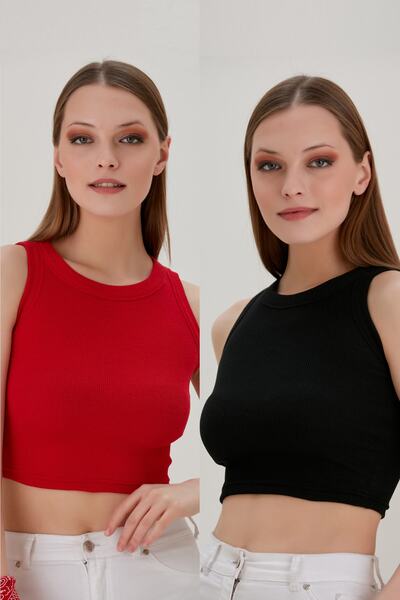 CATSPY 2'li Fitted/Vücuda Oturan Geniş Biyeli Halter Yaka Fitilli Esnek Örme Crop Bluz Set