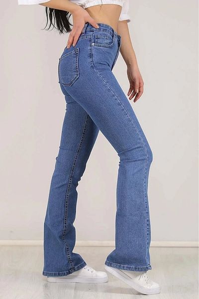 TugsatTasarTekstil Blugi cu picior spaniol albastru Sementa Pantaloni de damă cu talie înaltă, fără decolorare