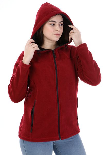 VEGA PORT Neck Zippered Hooded Women's Fleece Claret Red