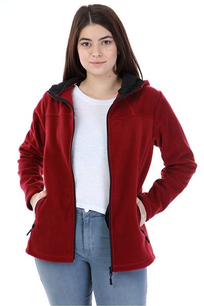 VEGA PORT Neck Zippered Hooded Women's Fleece Claret Red