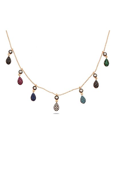 Welch Kadın Renkli Damla Rose Gümüş Kolye W612